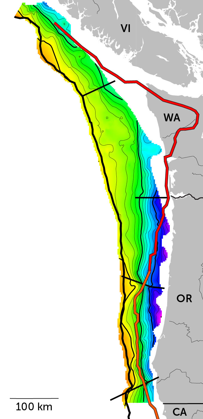 Cascadia fault with segments marked by black lines