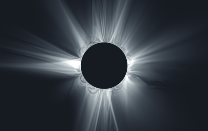 Slider showing comparison between predicted and actual appearance of the sun's corona during the April 8, 2024 eclipse.