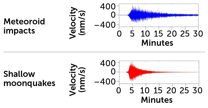 Two graphs showing the long and tapering waveform of moon meteoroid impacts and the short, bushy waveform of shallow moonquakes.