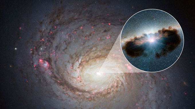 galaxy NGC 1068 and pull out illustration of galaxy's black hole